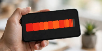 Hand holding an iPhone with an almost-full storage bar