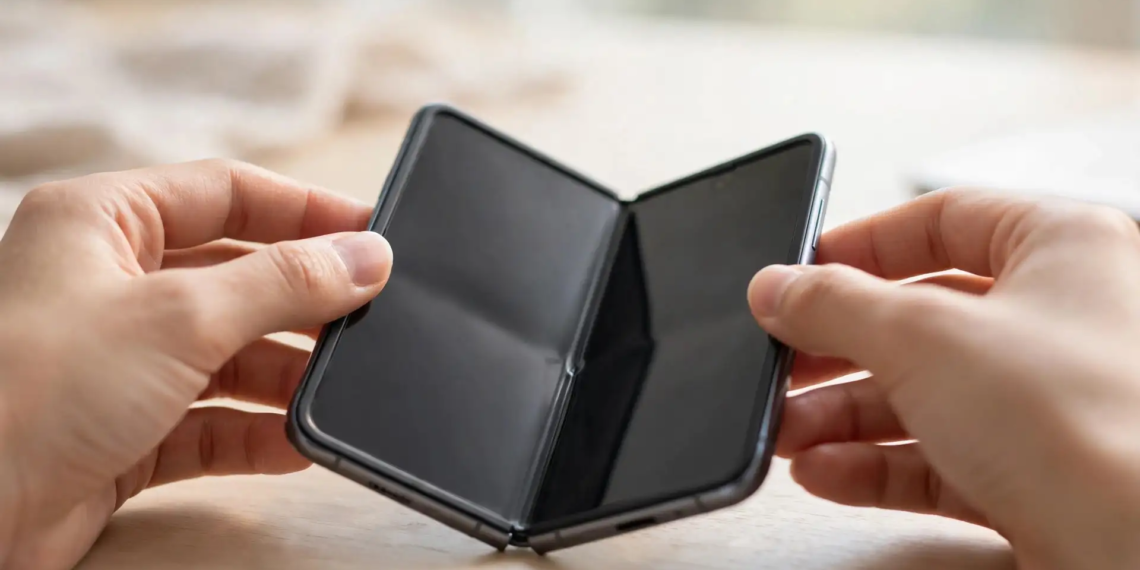 Hands opening a foldable smartphone to inspect the inner display crease