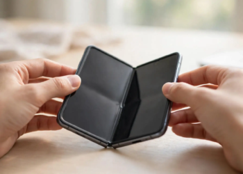 Hands opening a foldable smartphone to inspect the inner display crease