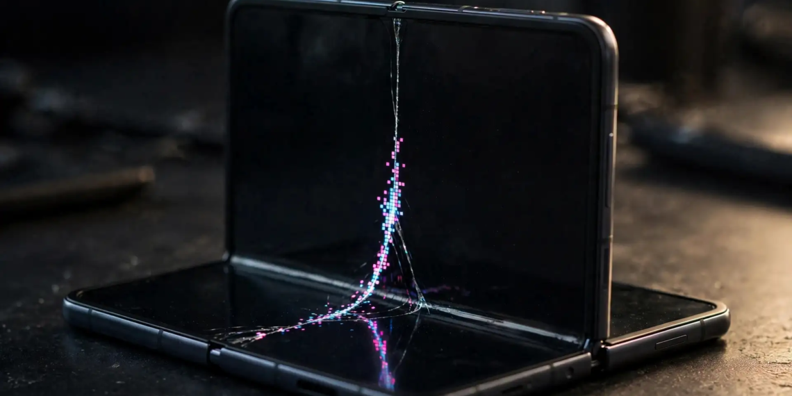 Foldable smartphone inner display with a hairline crack along the centre crease
