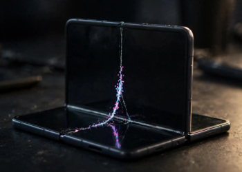 Foldable smartphone inner display with a hairline crack along the centre crease