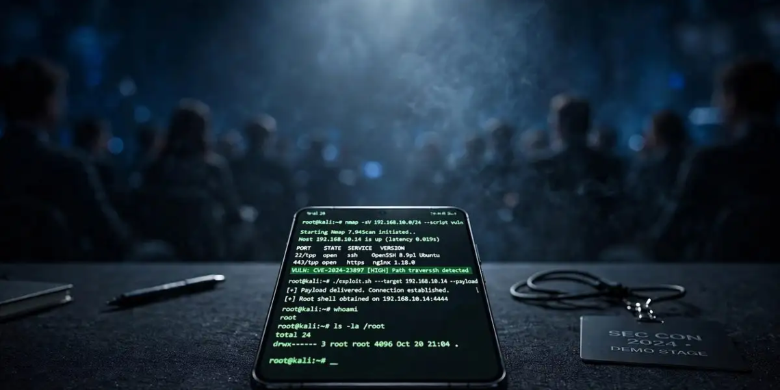 Smartphone on a conference stage desk showing a root shell terminal, spotlit in front of a blurred audience