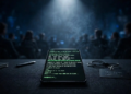 Smartphone on a conference stage desk showing a root shell terminal, spotlit in front of a blurred audience