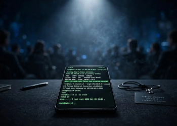 Smartphone on a conference stage desk showing a root shell terminal, spotlit in front of a blurred audience