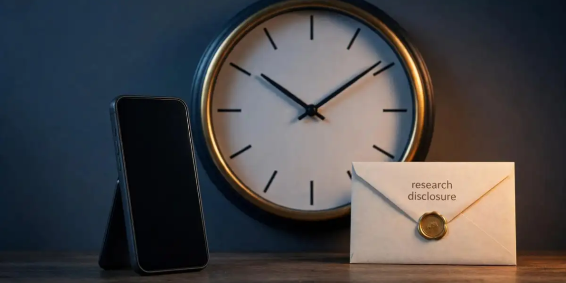 An iPhone beside a clock and a sealed envelope